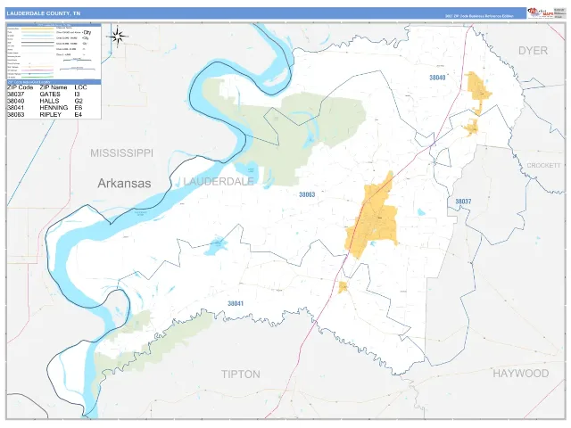 Lauderdale County, TN ZIP Code Wall Map, Business Reference style