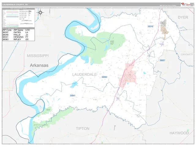 Lauderdale County, TN ZIP Code Wall Map, Classic style