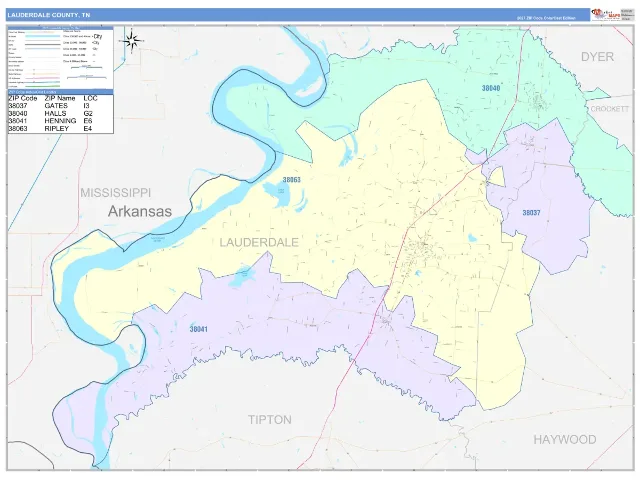 Lauderdale County, TN ZIP Code Wall Map, ColorCast style