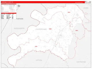 Lauderdale County, TN RedLine style ZIP Code wall map