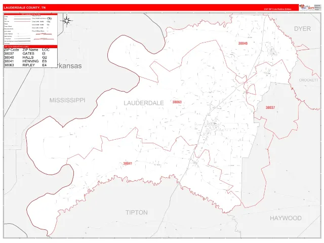 Lauderdale County, TN ZIP Code Wall Map, RedLine style