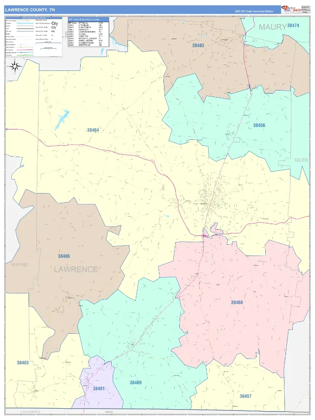 Lawrence County, TN ZIP Code Wall Map, ColorCast style