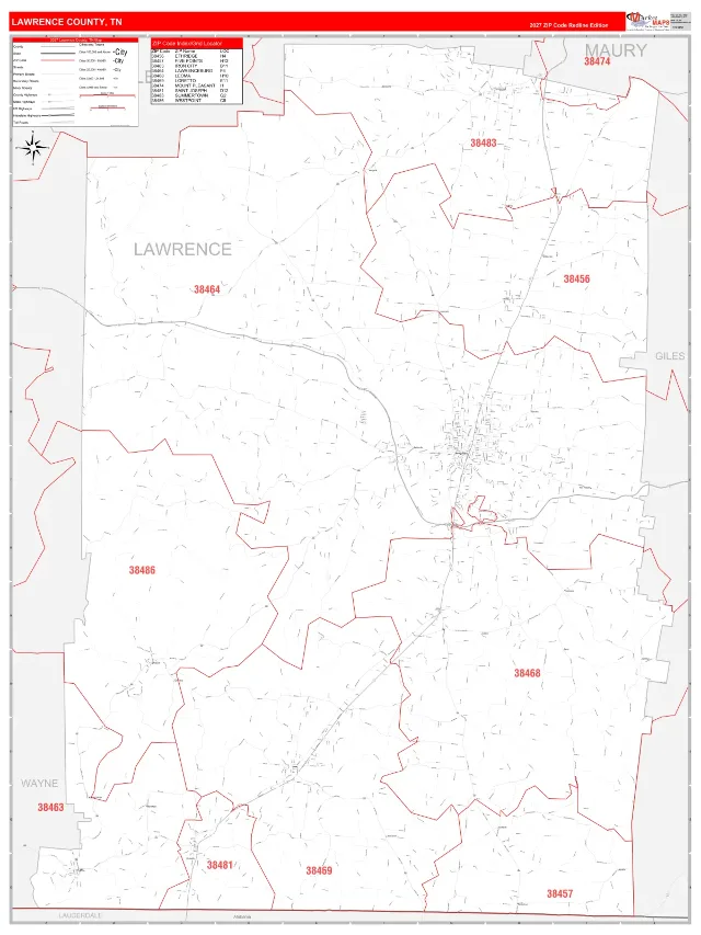 Lawrence County, TN ZIP Code Wall Map, RedLine style