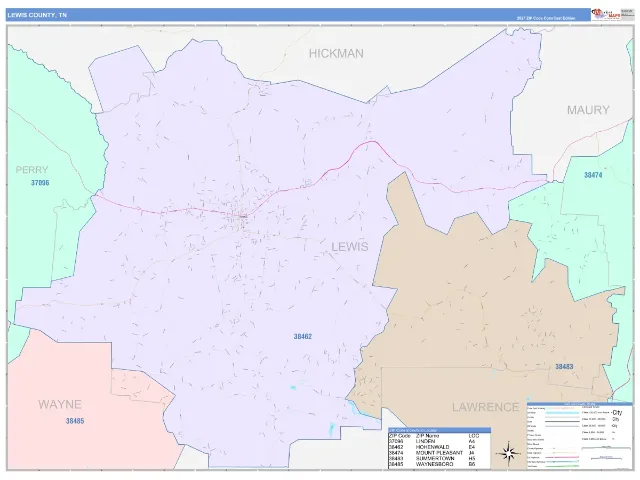 Lewis County, TN ZIP Code Wall Map, ColorCast style