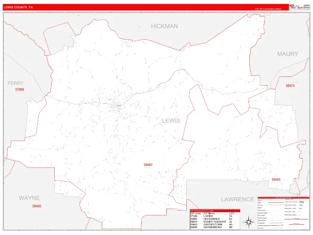 Lewis County, TN ZIP Code Wall Map, RedLine style