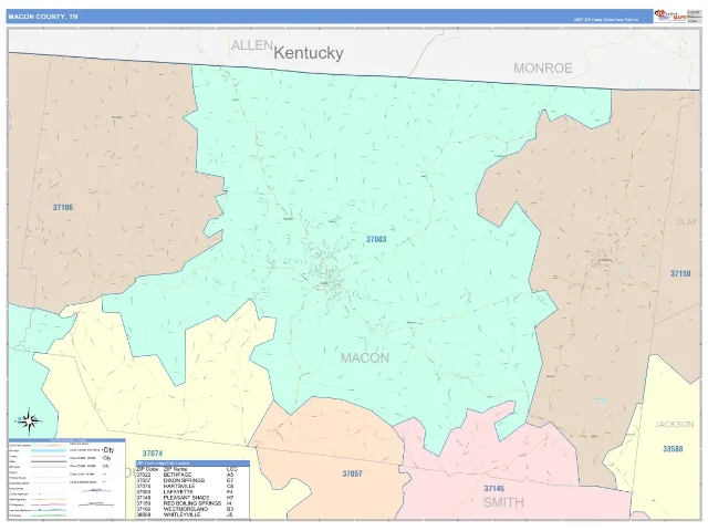 Macon County, TN ZIP Code Wall Map, ColorCast style