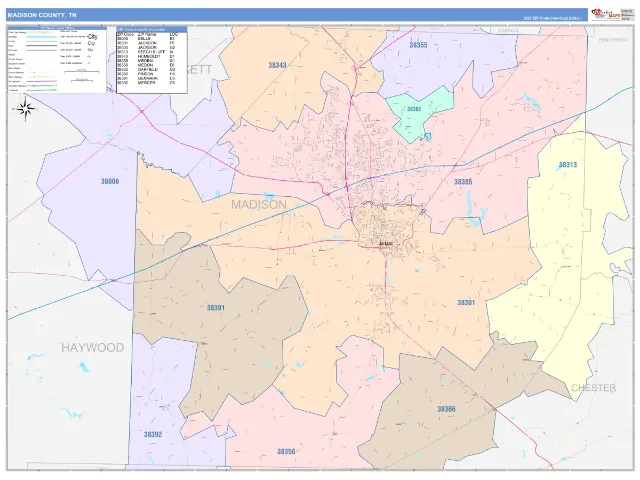 Madison County, TN ZIP Code Wall Map, ColorCast style