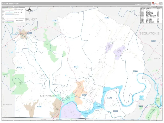 Marion County, TN ZIP Code Wall Map, Classic style