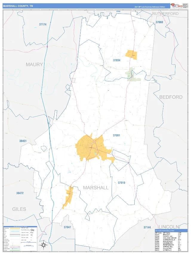 Marshall County, TN ZIP Code Wall Map, Business Reference style