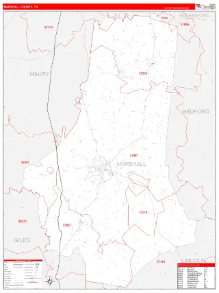 Marshall County, TN RedLine style ZIP Code wall map