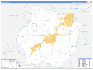 Maury County, TN Business Reference style ZIP Code wall map