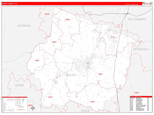 Maury County, TN ZIP Code Wall Map, RedLine style
