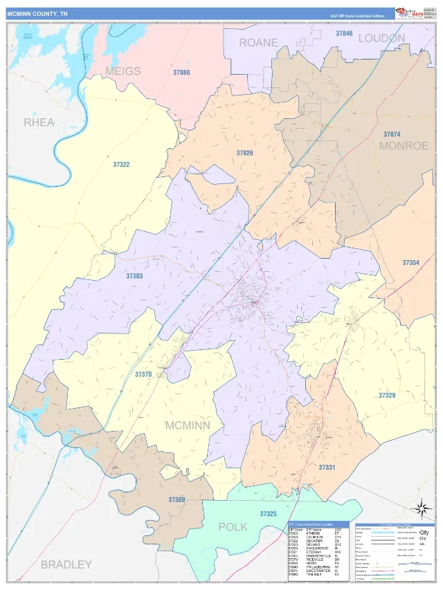 McMinn County, TN ZIP Code Wall Map, ColorCast style