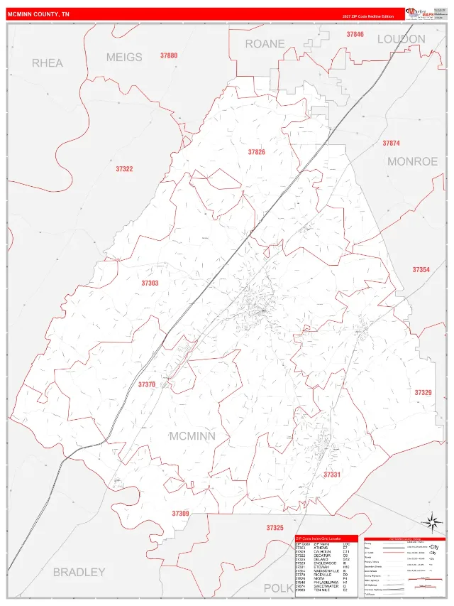 McMinn County, TN ZIP Code Wall Map, RedLine style