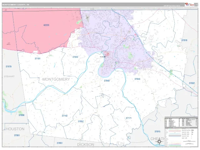 Montgomery County, TN ZIP Code Wall Map, Classic style