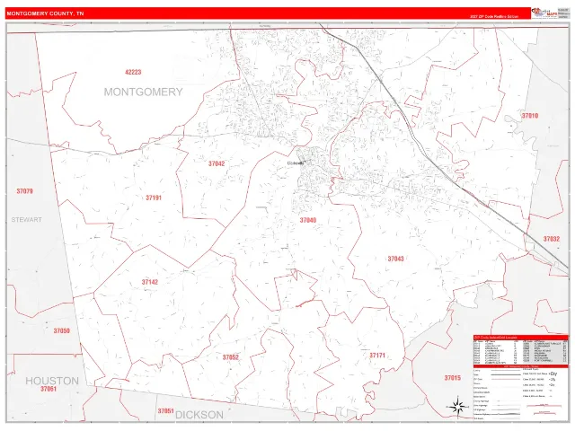 Montgomery County, TN ZIP Code Wall Map, RedLine style