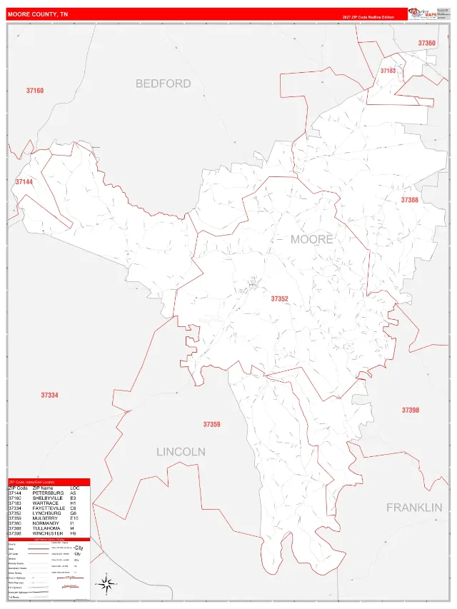 Moore County, TN ZIP Code Wall Map, RedLine style