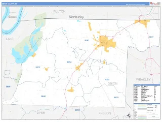 Obion County, TN Business Reference style ZIP Code wall map