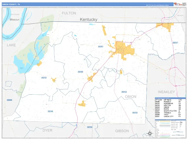 Obion County, TN ZIP Code Wall Map, Business Reference style