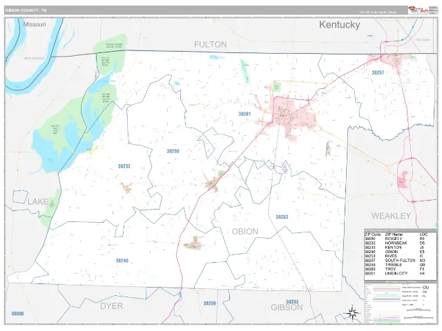Obion County, TN ZIP Code Wall Map, Classic style
