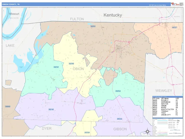 Obion County, TN ZIP Code Wall Map, ColorCast style