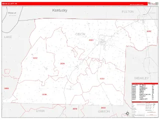 Obion County, TN RedLine style ZIP Code wall map