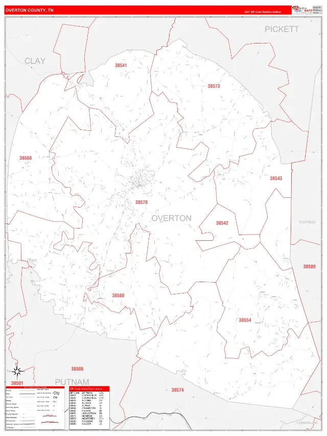 Overton County, TN ZIP Code Wall Map, RedLine style
