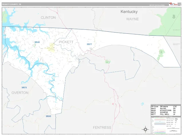 Pickett County, TN ZIP Code Wall Map, Classic style