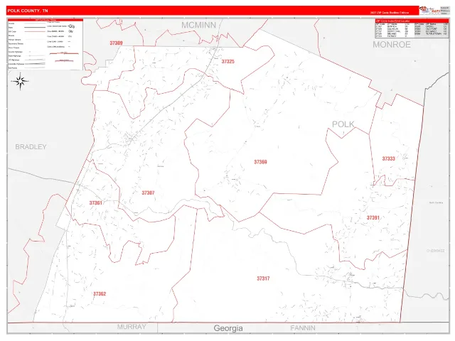 Polk County, TN ZIP Code Wall Map, RedLine style