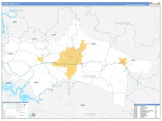 Putnam County, TN Business Reference style ZIP Code wall map