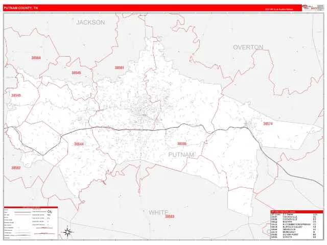 Putnam County, TN ZIP Code Wall Map, RedLine style