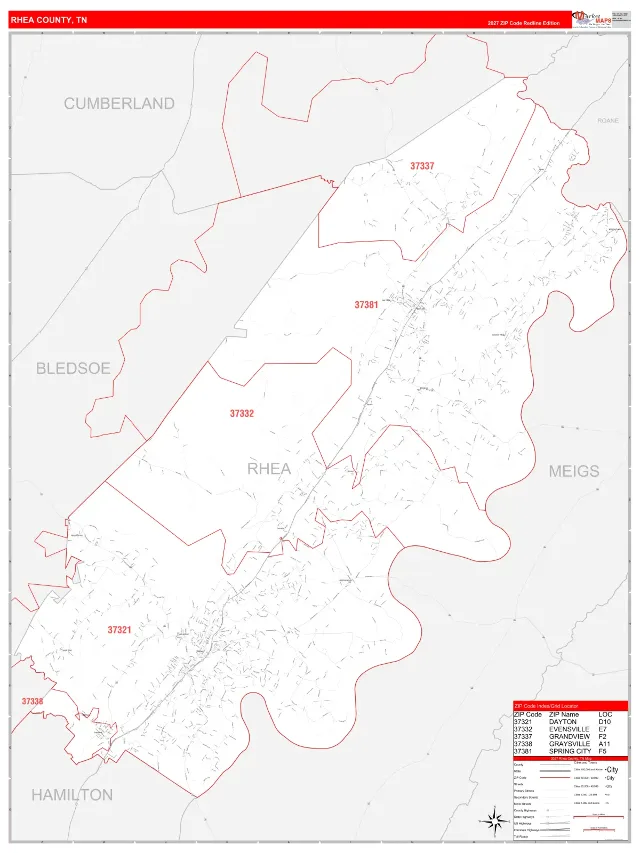 Rhea County, TN ZIP Code Wall Map, RedLine style