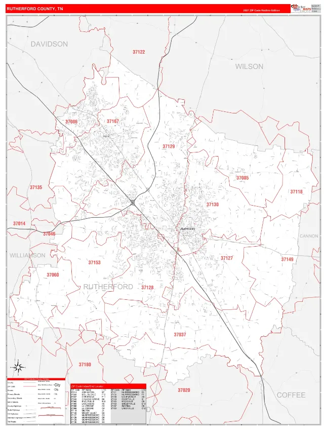 Rutherford County, TN ZIP Code Wall Map, RedLine style