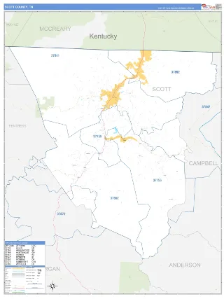 Scott County, TN Business Reference style ZIP Code wall map