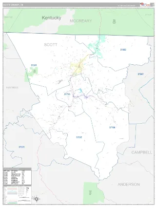 Scott County, TN Classic style ZIP Code wall map