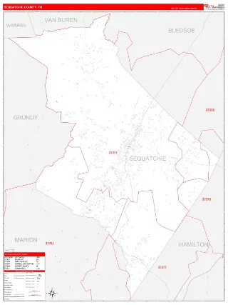 Sequatchie County, TN RedLine style ZIP Code wall map