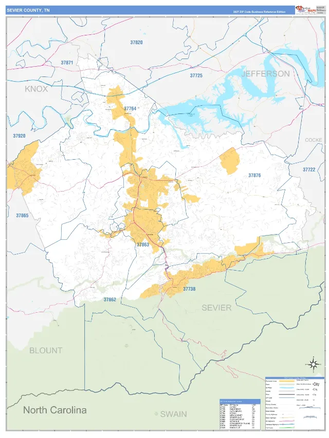 Sevier County, TN ZIP Code Wall Map, Business Reference style