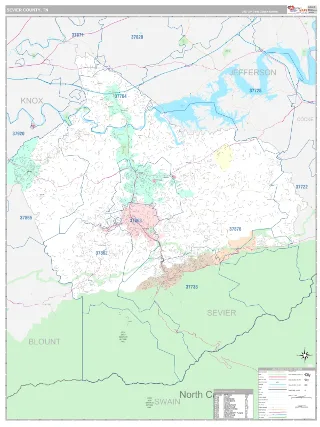 Sevier County, TN Classic style ZIP Code wall map
