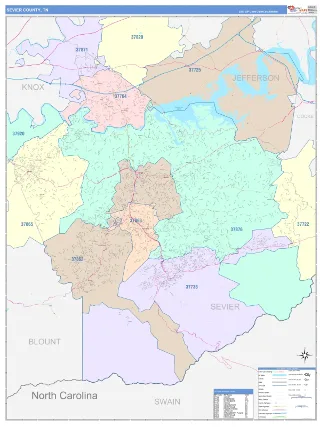 Sevier County, TN ColorCast style ZIP Code wall map