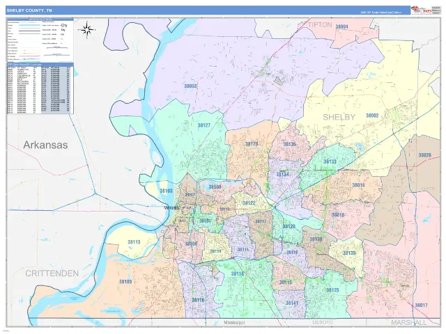 Shelby County, TN ZIP Code Wall Map, ColorCast style