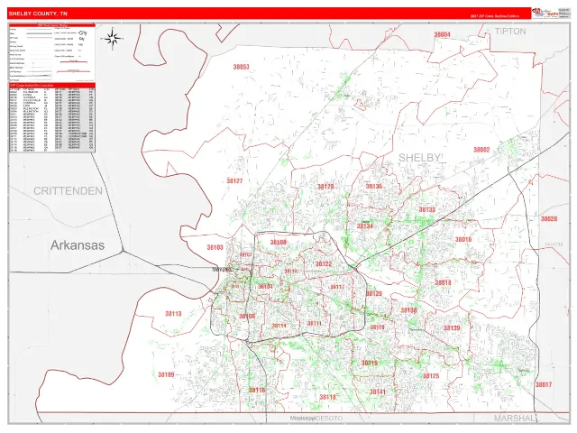 Shelby County, TN ZIP Code Wall Map, RedLine style