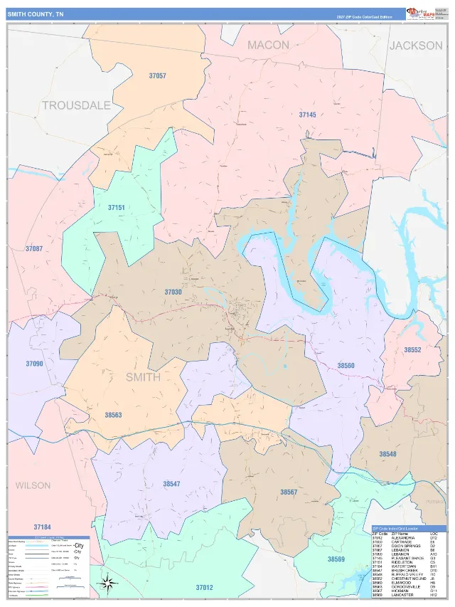 Smith County, TN ZIP Code Wall Map, ColorCast style