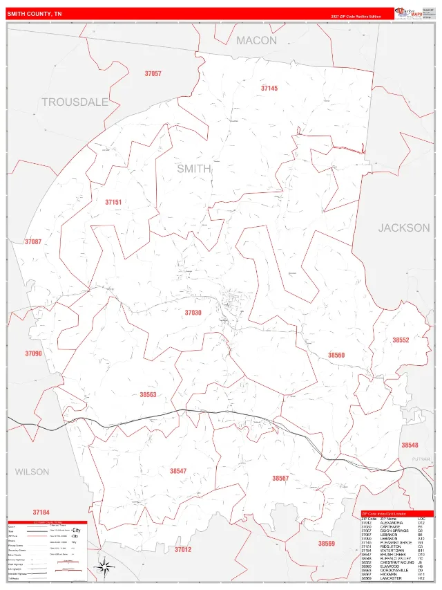 Smith County, TN ZIP Code Wall Map, RedLine style