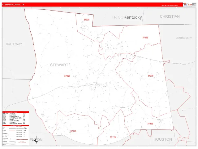 Stewart County, TN ZIP Code Wall Map, RedLine style