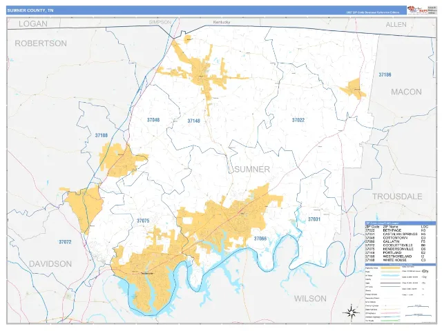 Sumner County, TN ZIP Code Wall Map, Business Reference style