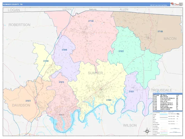 Sumner County, TN ZIP Code Wall Map, ColorCast style