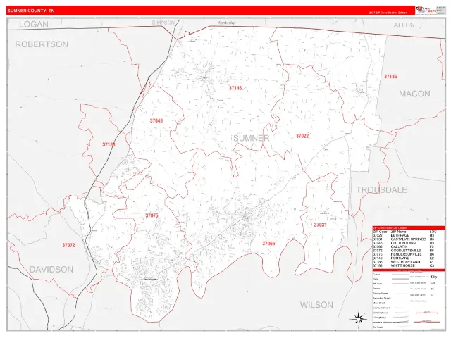 Sumner County, TN ZIP Code Wall Map, RedLine style