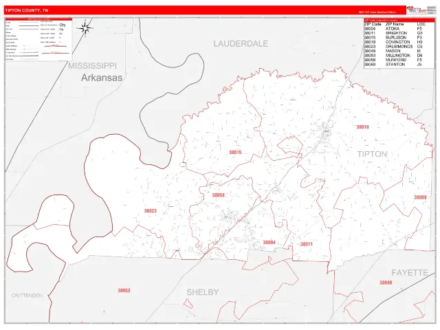Tipton County, TN ZIP Code Wall Map, RedLine style