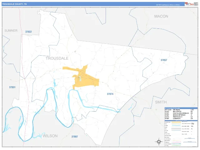 Trousdale County, TN ZIP Code Wall Map, Business Reference style