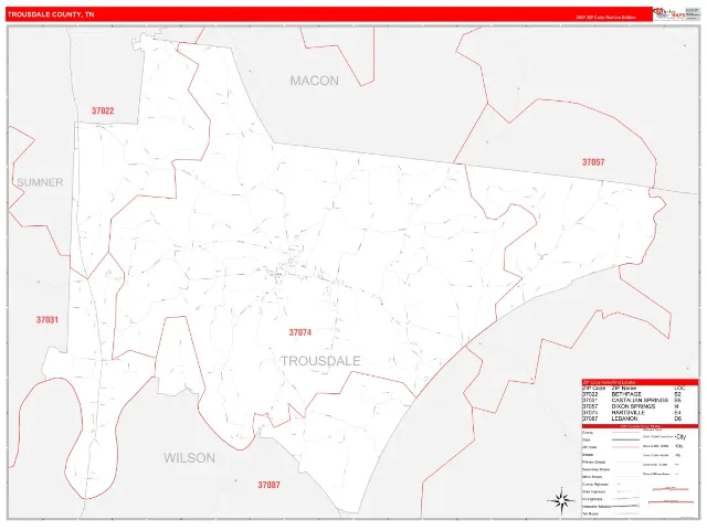Trousdale County, TN ZIP Code Wall Map, RedLine style